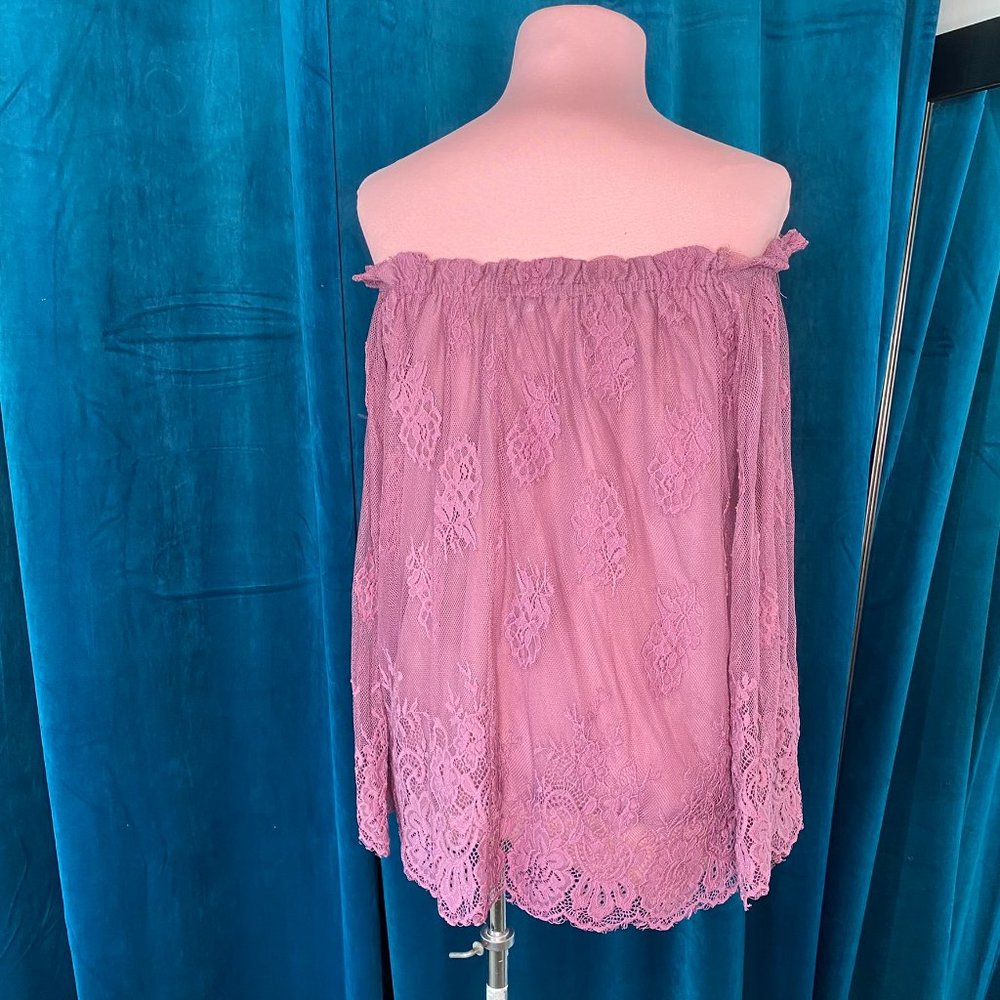 She + Sky Off The Shoulder Lace Blouse Top Purple - Picture 4 of 9